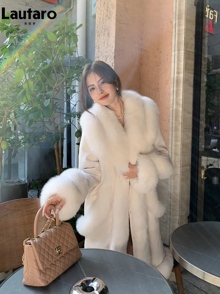 Lautaro Autumn Winter Luxury Soft Thick Warm Long Suede Patchwork Faux Fur Coat Women with Fake Fox Fur Trim Fluffy Overcoat