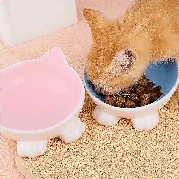 可愛い猫用セラミックボウル、滑り止め付き傾斜口ペット用給水ボウル、幾何学模様ビジネスカジュアルスタイルセラミックペットボウル