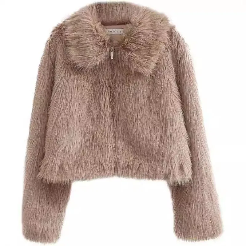 Chaquetas cortas de felpa a la moda, prendas de vestir exteriores para mujer, ropa de abrigo peluda cálida de invierno, abrigo recortado con solapa de manga larga