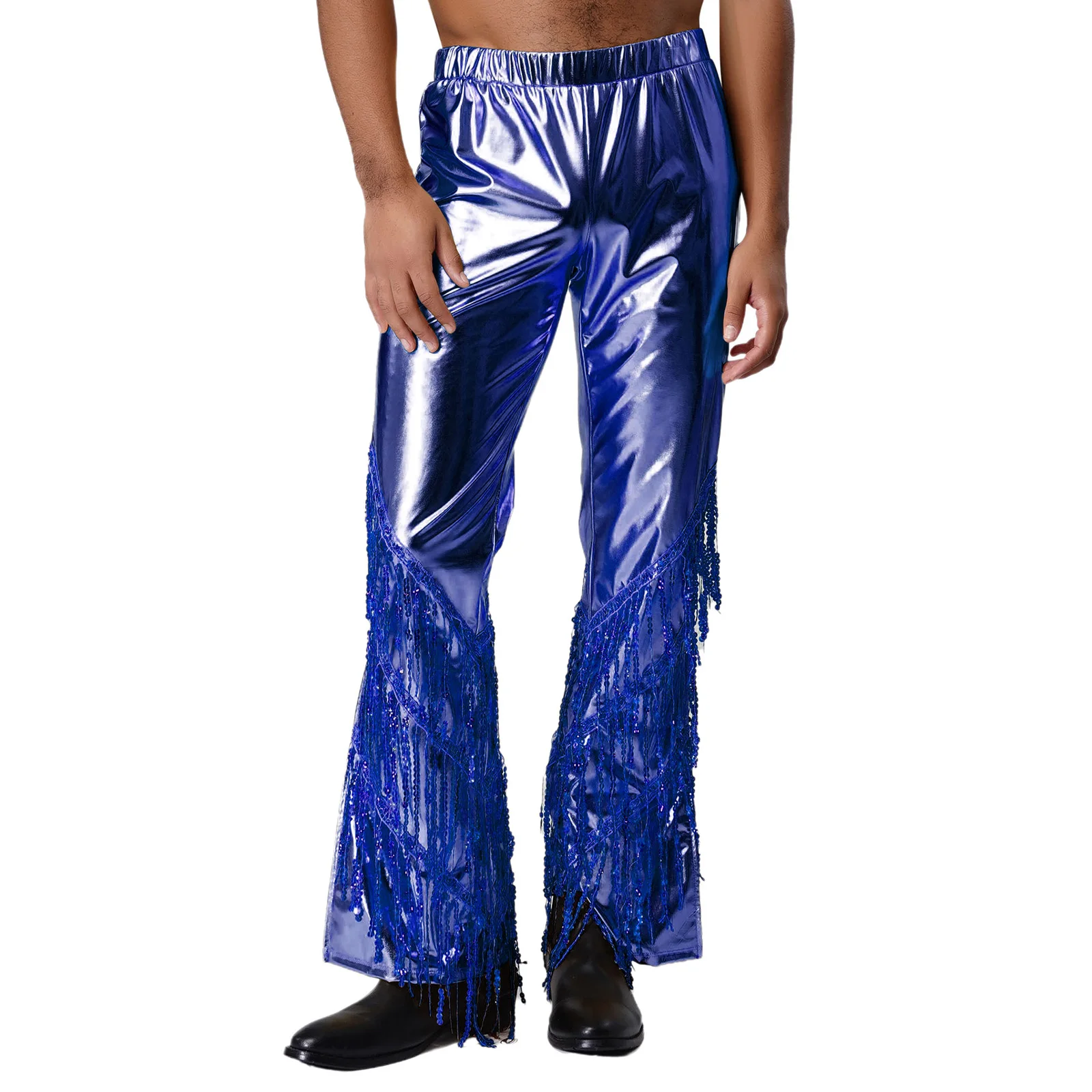 Mens 70s Disco Metallic Shiny Long Pants Slit Bell Bottom Tiered Sequined Tassel Dance Trousers for Raves Jazz Music Festival