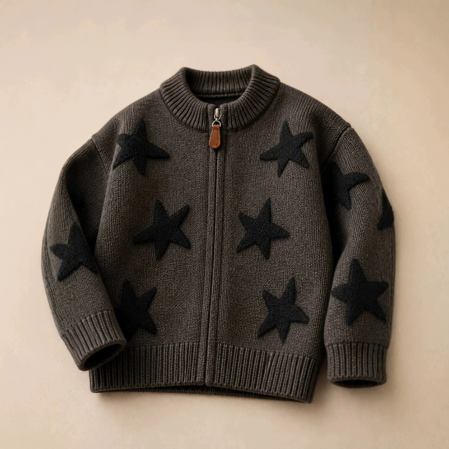 Kids Autumn Sets 2026 New Korean Dark Grey O-Neck Zipper Star Cartoon Knit Sweater and Causal Straight-leg Pants Two Price Sets
