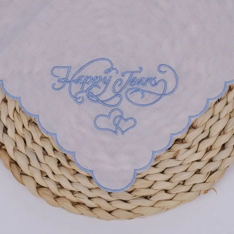 B95F 28cm Cotton Embroidery Happy Tears Handkerchief For Bridal Party Gifts Daily Use