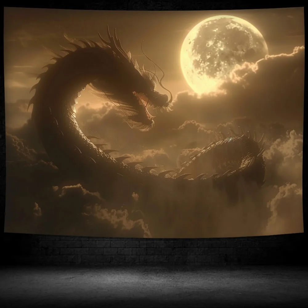 Gobelin z mitologicznym smokiem pod pełnię księżyca: Dramatyczna dekoracja ścienna o tematyce nocnego nieba do wystroju domu
