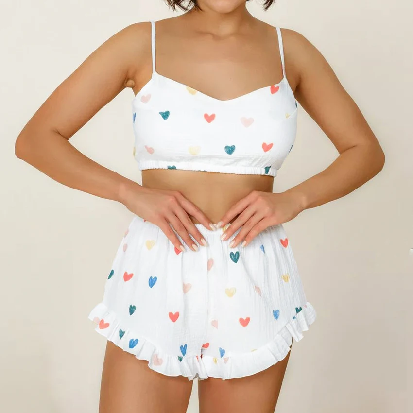 Hiloc Summer Color Heart Print Shorts Sets Cotton With Spaghetti Strap 2 Piece Sets 2025 Casual Outfits Home Pajamas Women
