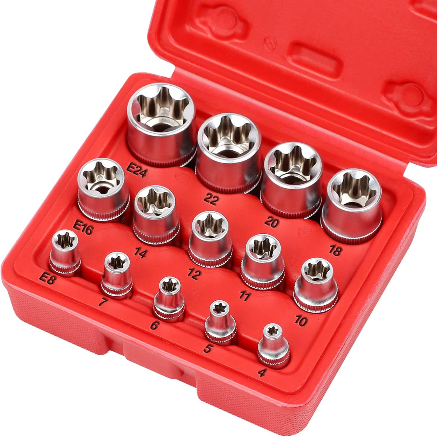 

High-Quality Professional Grade Red 14-Piece Female E-TORX Star Socket Set with 1/4" 3/8" 1/2" Drive for External Torque Applica