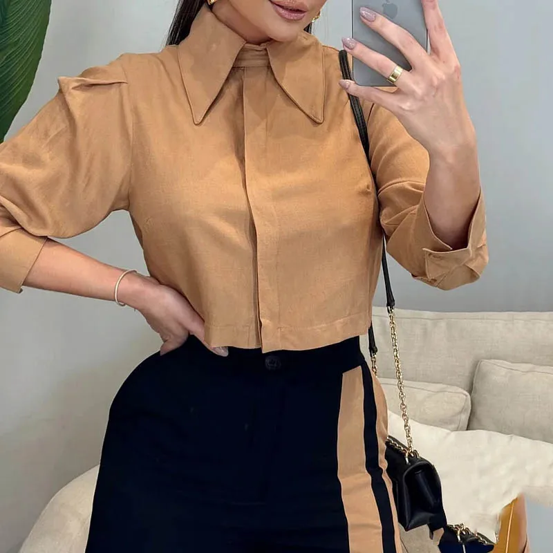 Wefads Women 2 Piece Set Summer Casual Lapel Solid Long Sleeve Button Top Contrast Loose Wide Legs Pants Sets Streetwear