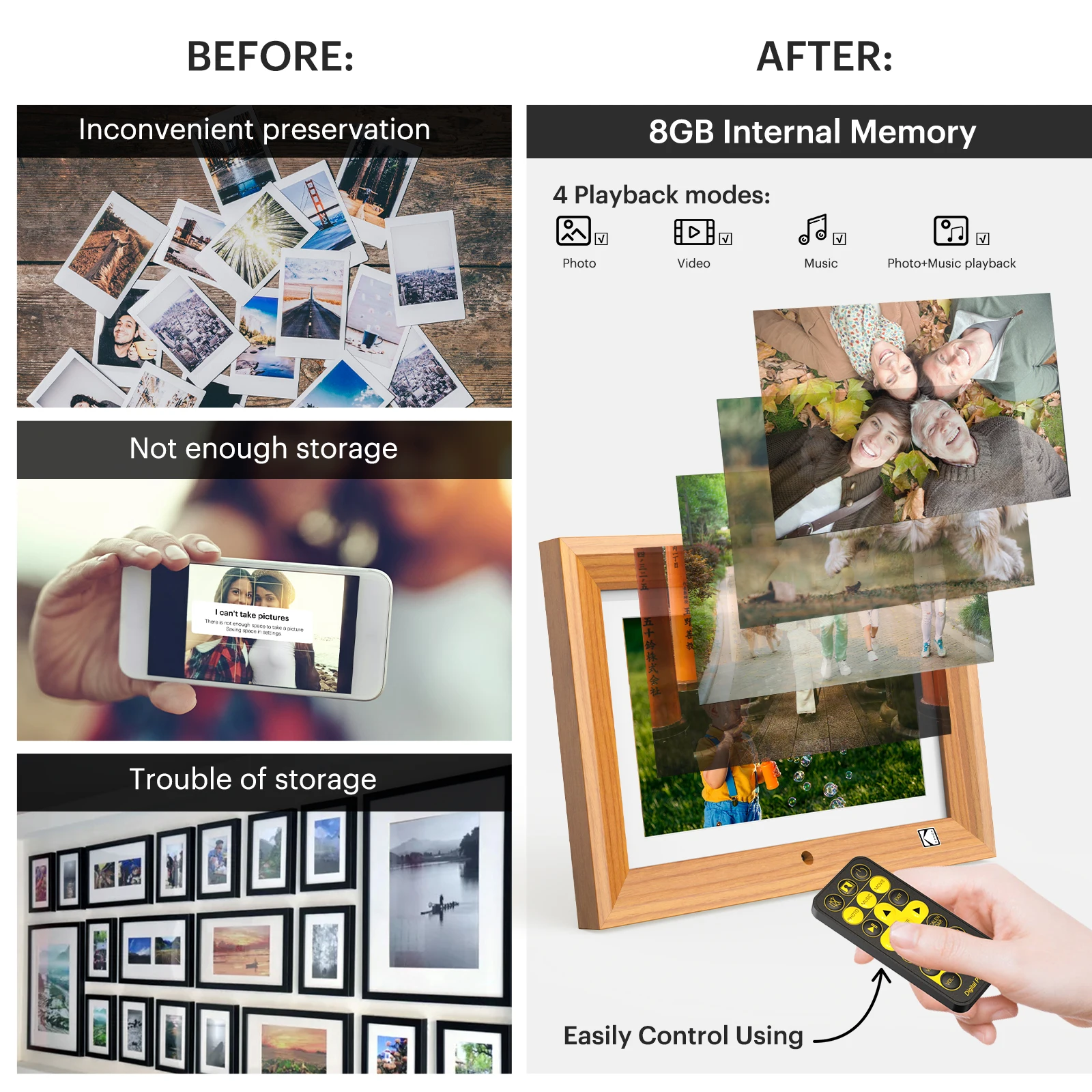 Kodak 10.1 Inch Gỗ Kỹ Thuật Số Ảnh Với Điều Khiển Từ Xa, màn Hình IPS 1280*800 HD Với Lưu Trữ 8GB, Tự Động Quay