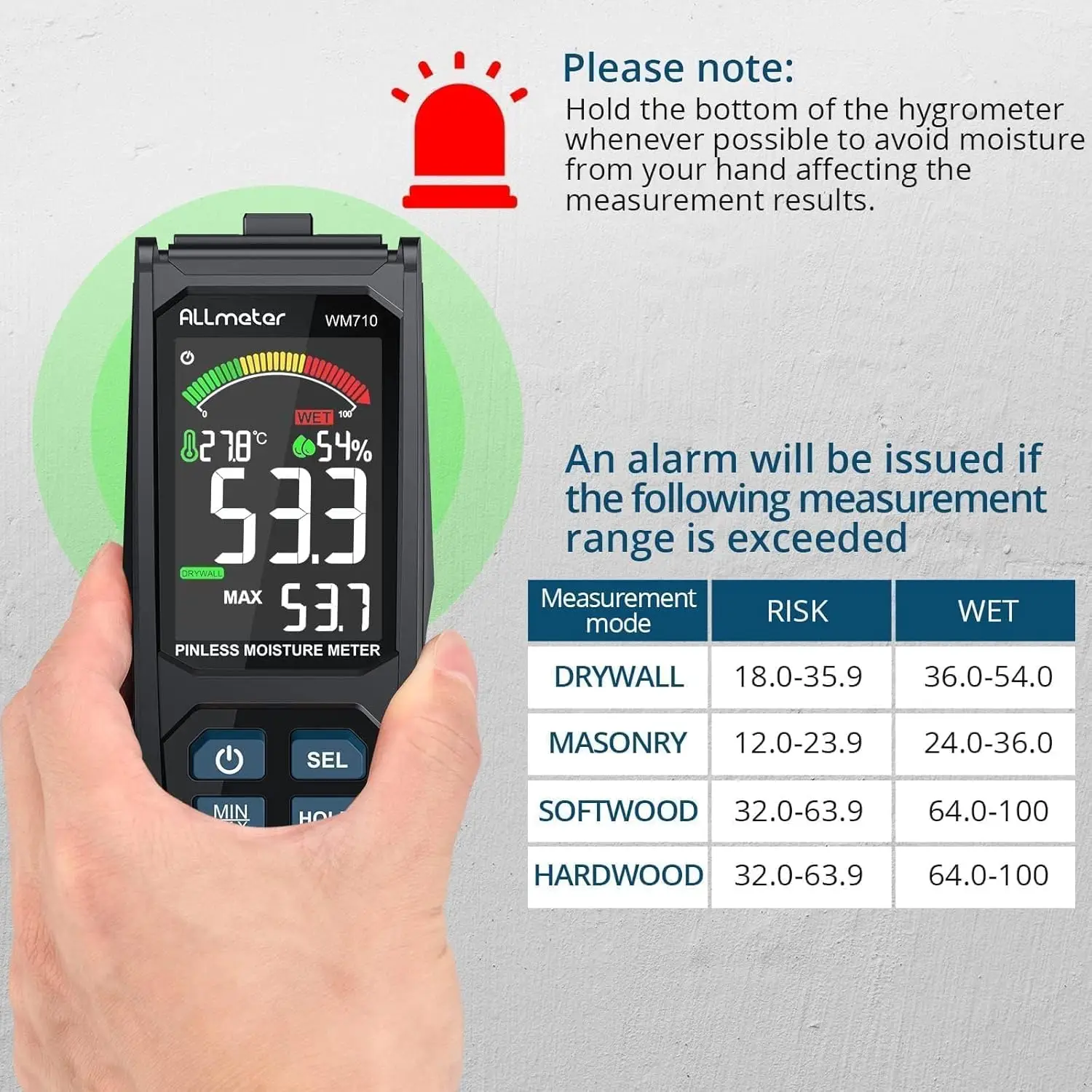 Misuratore di umidità senza pin con grande LCD retroilluminato, allarme a 3 colori, calibrazione zero, sonda di temperatura/umidità, non distruttivo per