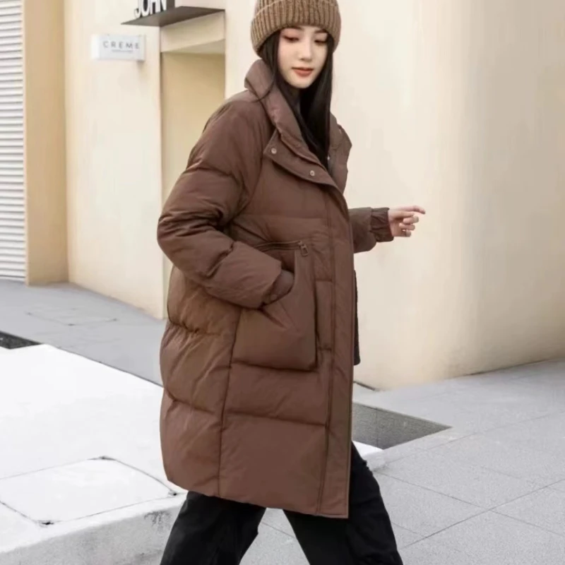 Piumino di media lunghezza per donna, cappotto femminile, colletto rialzato, piumino Casual, giacche invernali larghe, moda coreana, 2024