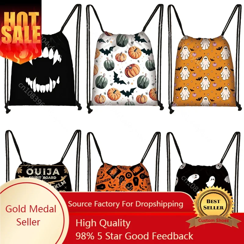 

Happy Halloween Print Backpack Pumpkin Drawstring Bags Bat Spider Day Bag Ouija Shoes Holder Witch School Bags Ghost Book Bag