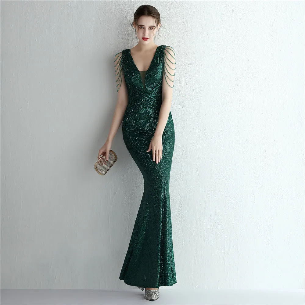 DEERVEADO Women Elegant Beading Evening Dress Long Mermaid Deep V Neck Sequins Maxi Party Dresses Evening Gown Robe De Soiree