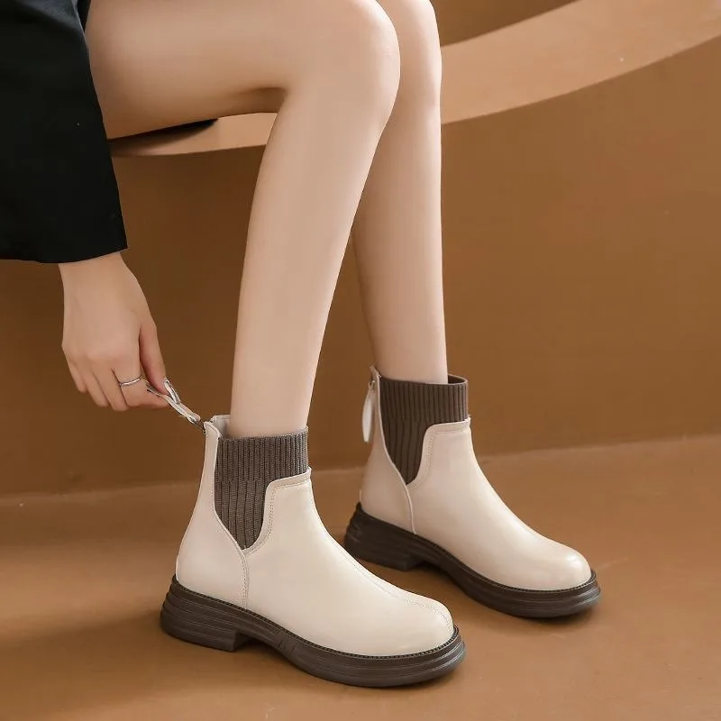 

Autumn Winter Leather Boots for Women Comfortable Lined Knitted Chelsea Boots Booties Round Toe Thi Heel Elastic Ankle Boots