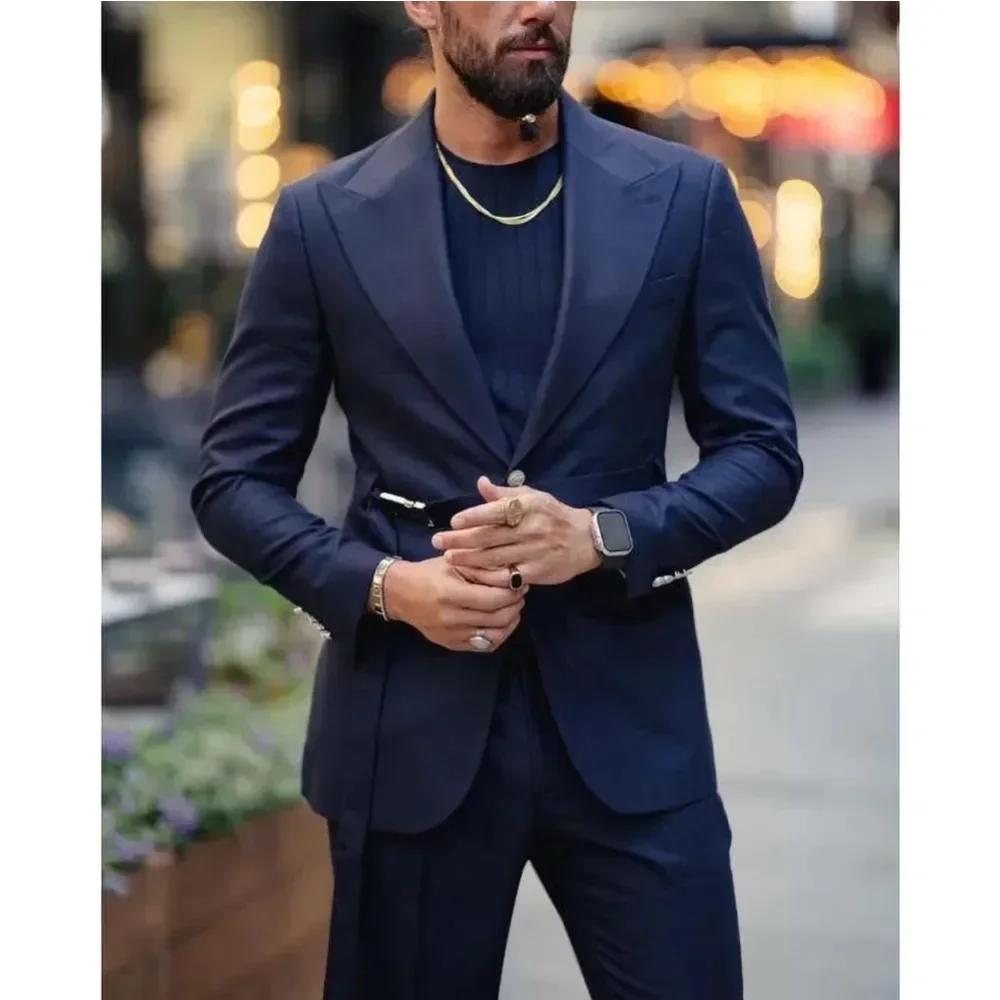 Buckle Men Suits With Metal Button Belt Peaked Lapel Business 2 Piece Fashion Casual Wedding Groom Tuxedo Blazer Jacket+Pant