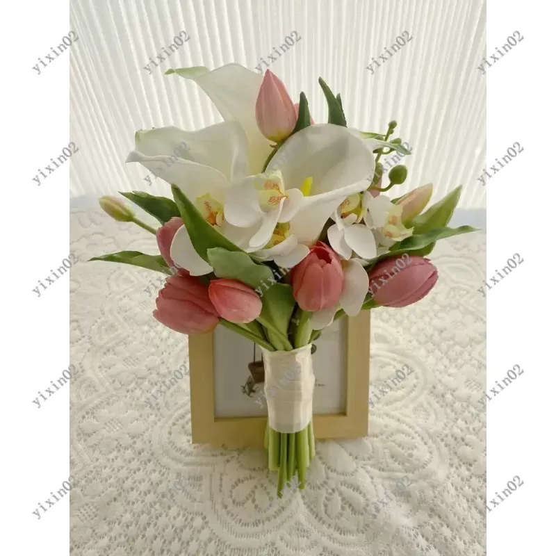 Real Touch Tulip & Calla Lily Bouquet Wedding Bridal Holding Flowers Photo Props