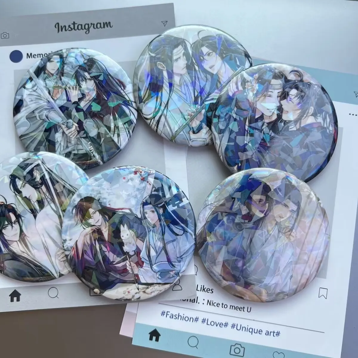 "Magic Master" fan art "Ba Ji" LAN Wangji Wei Wuxian "laser fer blanc brillant badge broche anime marchandise