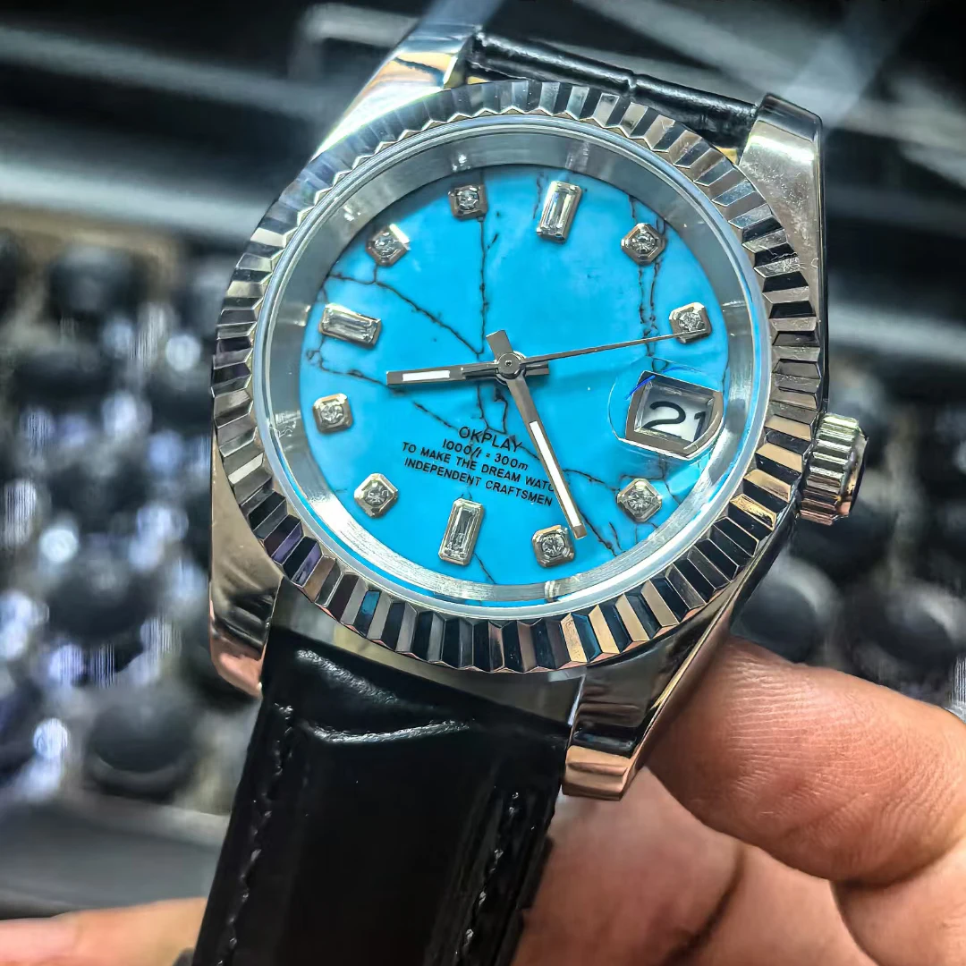 OKPLAY Men Automatic Watch 39mm Customized Modified Mechanical Wristwatch 10ATM Waterproof Luminous Sapphire NH35 Turquoise Dial