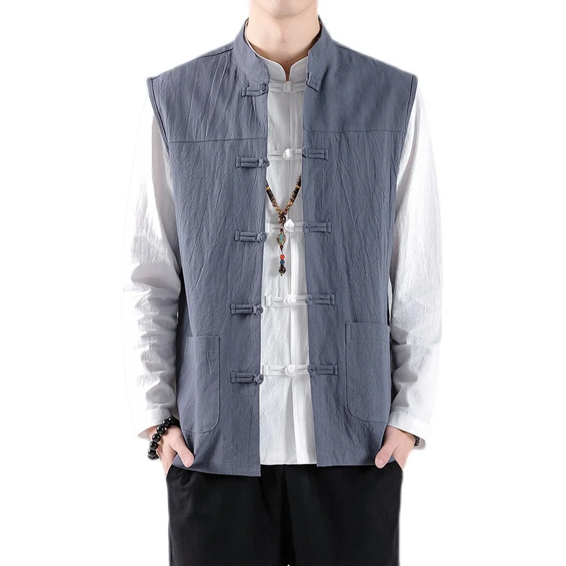 

2022 Spring Summer Men Chinese Style Vintage Linen Vests Mens Sleeveless Hanfu Cardigan Male Harajuku Open Stitch Jacket M-5XL