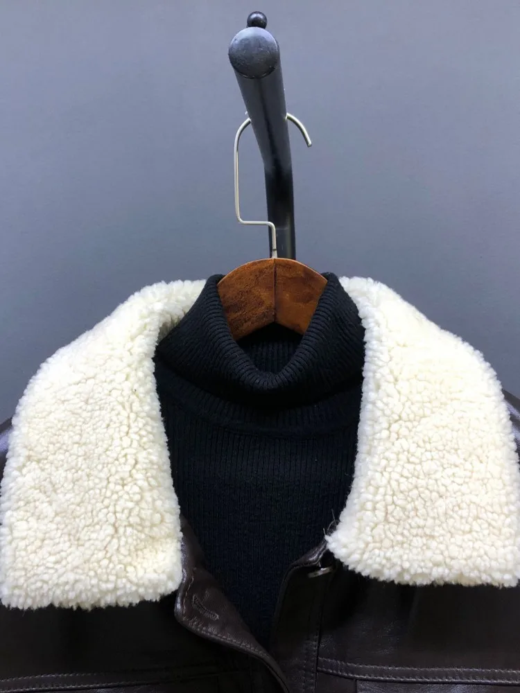 Vintage femmes chaud rembourré manteau col en laine coupe ample simple boutonnage en peau de mouton en cuir véritable veste décontracté moto pardessus