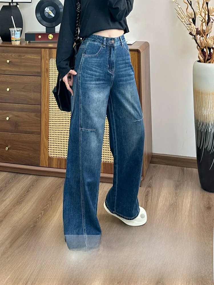 Cintura alta perna larga retro denim calças femininas soltas até o chão calças de corte reto outono inverno nova rua sle quente