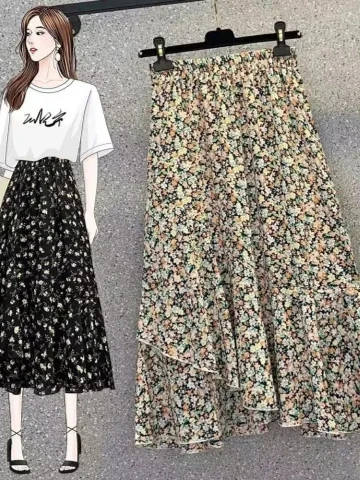 

Street Sle Large Size Women's Faion Summer Floral Print Elastic Waist Asymmetrical f Skirt Korean Loose High Waist Pol...
