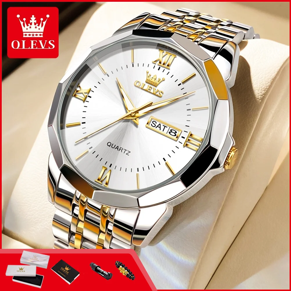 OLEVS 9989 Luxury Watches for Men Date Week Display Original Solid Steel Strap Luminous Waterproof Simple Quartz Man Wristwatch