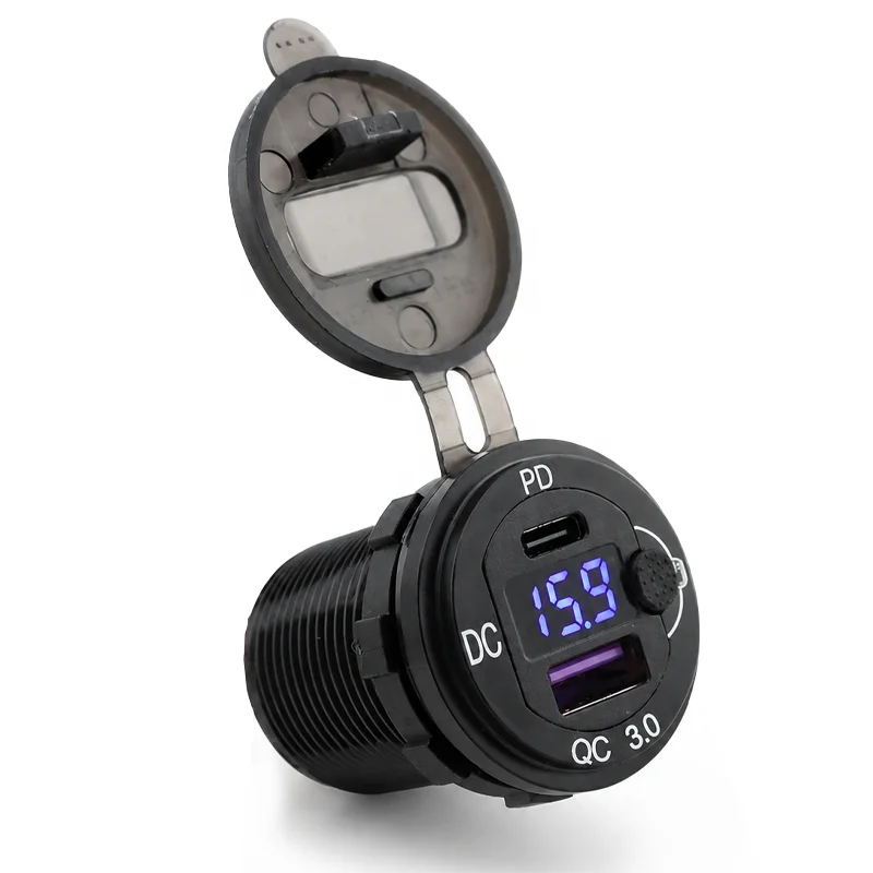 Fast Charging 12-24V USB-C Car Charger AUX Port Waterproof PD20W QC3.0 Voltmeter Switch for Trucks Boats RVs/Motorcycles (1 Year
