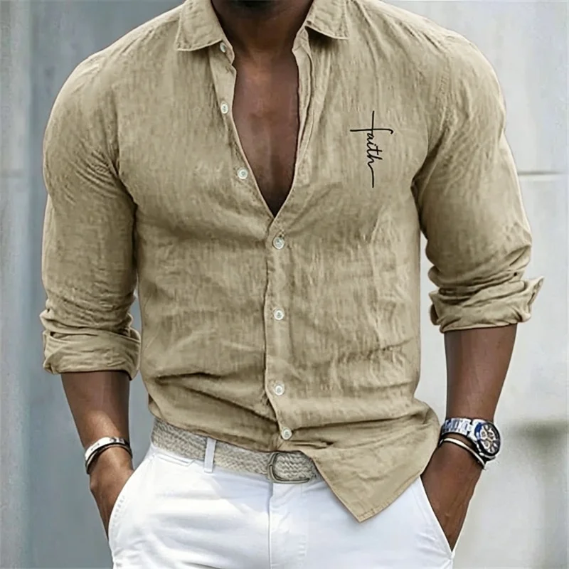Men's Casual Linen-Like Shirt  'Faith' Print  Roll-Up Long Sleeve  Button Down  Loose Fit  Beach & Daily Tops