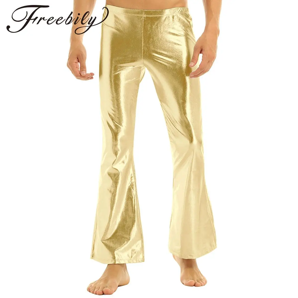 

Mens Shiny Metallic Flared Pants Bell Bottom Trousers Rave Party Club Bar Disco Pole Dance Stage Performance Costume Streetwear