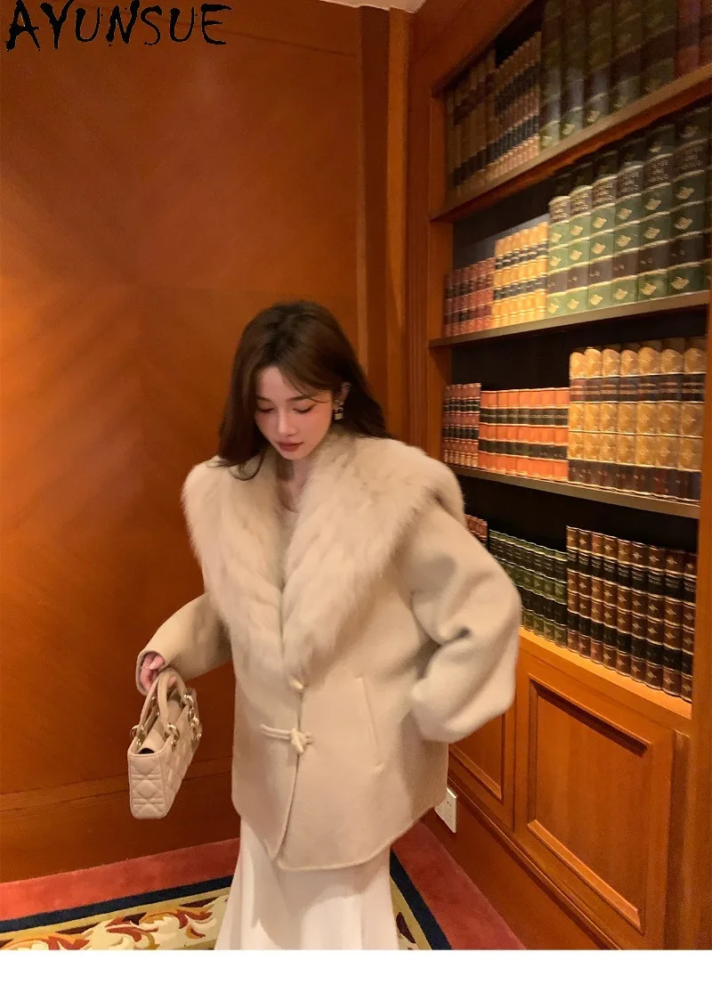 AYUNSUE Double Face Wool Coat White Duck Down Liner Fox Fur Collar Coat Mid Length Clothes Female Winter Clothing Luxury Fashion