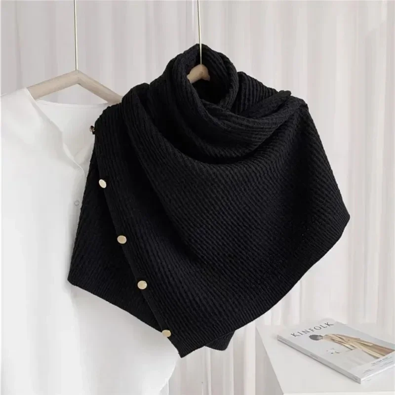 Spring Autumn Multi-purpose Button Scarf Women Knitted Shawl Changeable Imitation Cashmere Cloak Poncho Capes Black