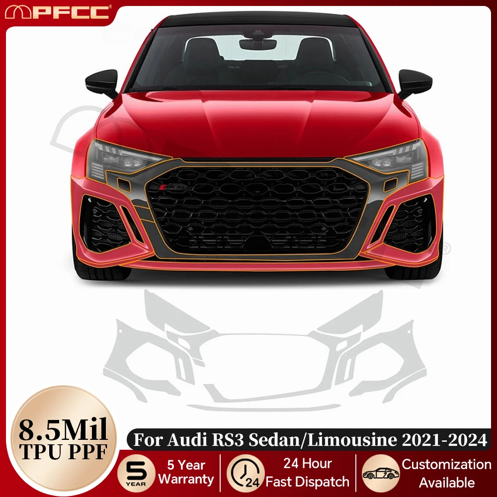 

Для Audi RS3 Sedan Limousine 2021-2024: Предварительно вырезанная прозрачная защитная пленка PPF TPU для лакокрасочного покрытия автомобиля, устойчивая к царапинам, самовосстанавливающаяся защитная пленка.
