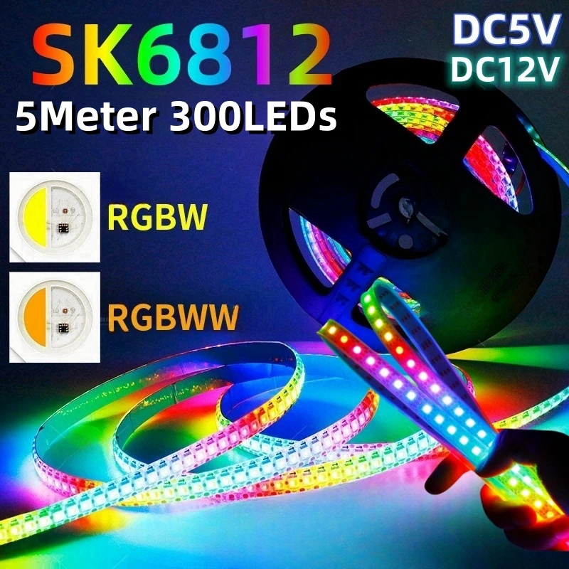 5M Smart DC5V/ 12V SK6812 Led Strip Light 4 In 1 RGBW/ RGBWW Programming Individually Addressable SMD5050 Flexible Pixel Lamp 60