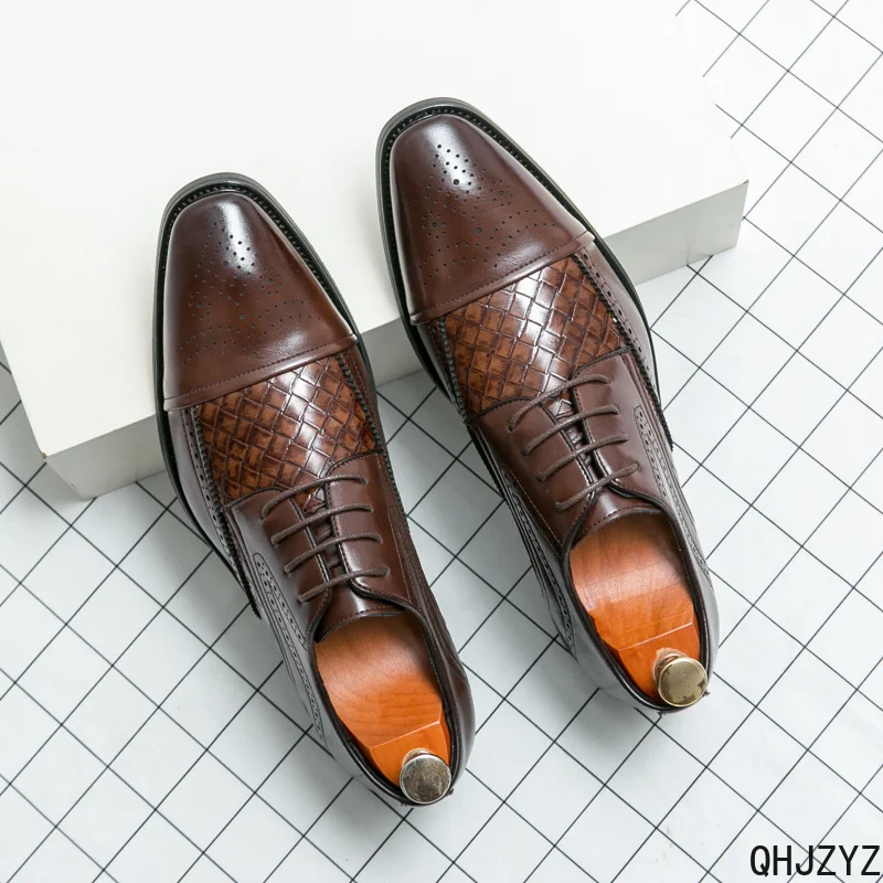 Business Wedding Footwear Men's Brown Leather Weave Brogue Oxford Shoes Formal Dress