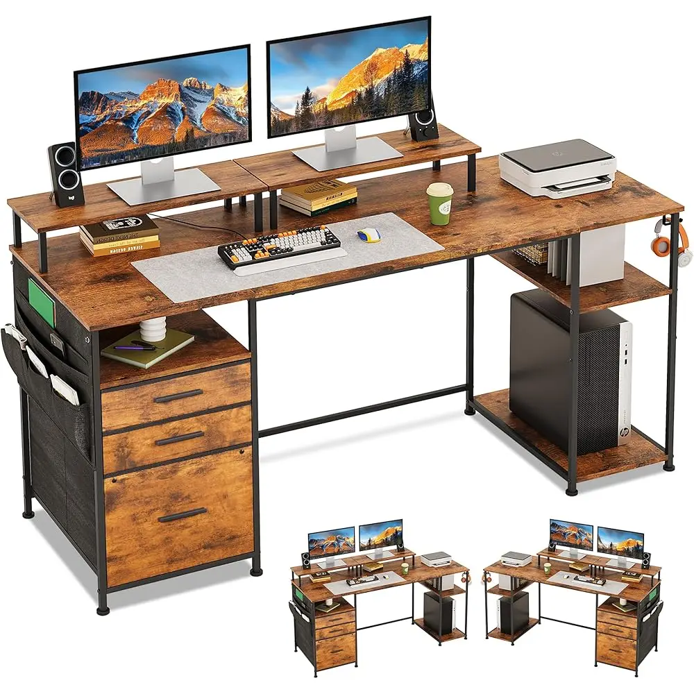 

Computer Desk With 3 File Cabinet Drawers, 57.8'' Reversible Gaming Desk, Office Desk With Storage Shelves And Dual Monitor
