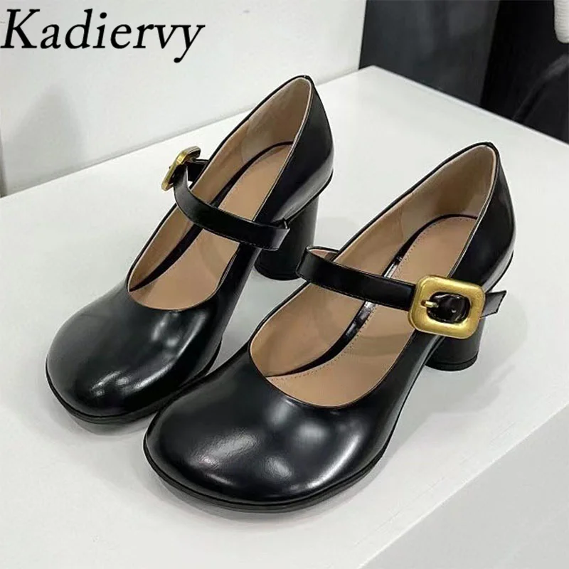 

Classics Round Heels Women Pumps Genuine Leather Round Toe Party Shoes Women Metal Buckle Strap High Heels Shoes Woman