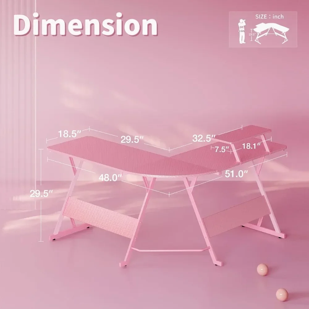 simple Pink L Shaped Gaming Desk, 51 Inch Gamer Desk Gaming Table with Carbon Fiber Texture, Corner Computer Desk L Shape