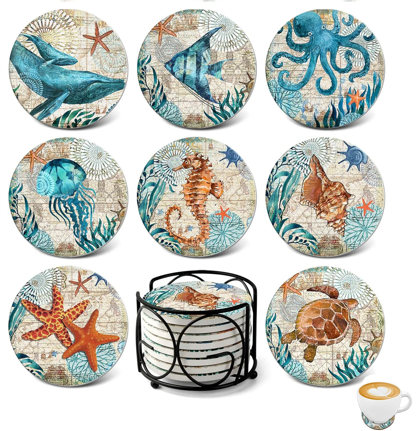 

8 Pcs Ceramic Coasters with Holder Sea Ocean Life Absorbent Drink Coaster for Kinds of Cup Bar Kitchen Wooden Dining Table Decor