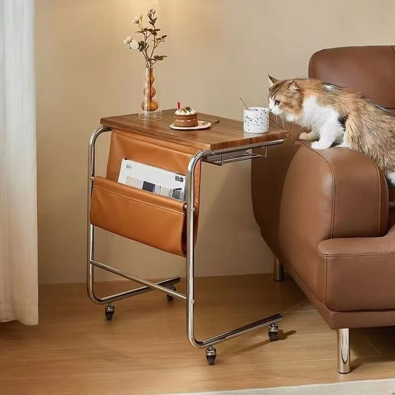 

Retro Sofa Table with Wheels, Mobile Sofa Side Table Shelf, Coffee Side Table for Living Room Corner Bedside Use