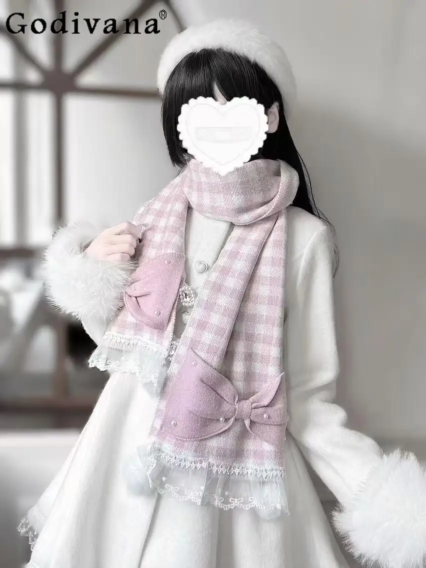 Original Japanese Mine Series Mass-produced Pearl Bow Hairball Scarf Female Sweet Pink Lolita Plaid Scarf Autumn and Winter 2025