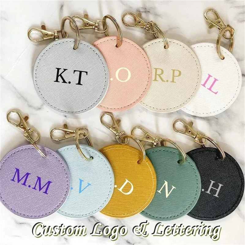 Keychain Laser Engraved Vintage Door Access Custom Logo Round Genuine Leather Card Holder Key Chain for Airtag Keyring