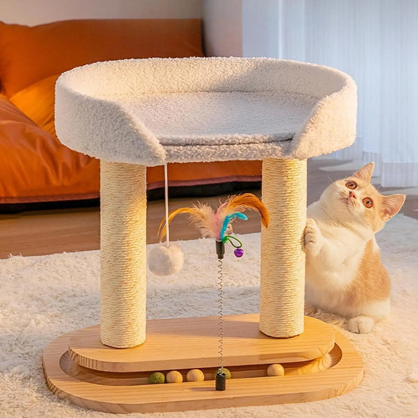 Wooden Cat Tree Cat Scratch Post Double Levels with Ball Modern Cats Jumping Toy Climbing Frame Cute Cat Scratcher Cats Condo