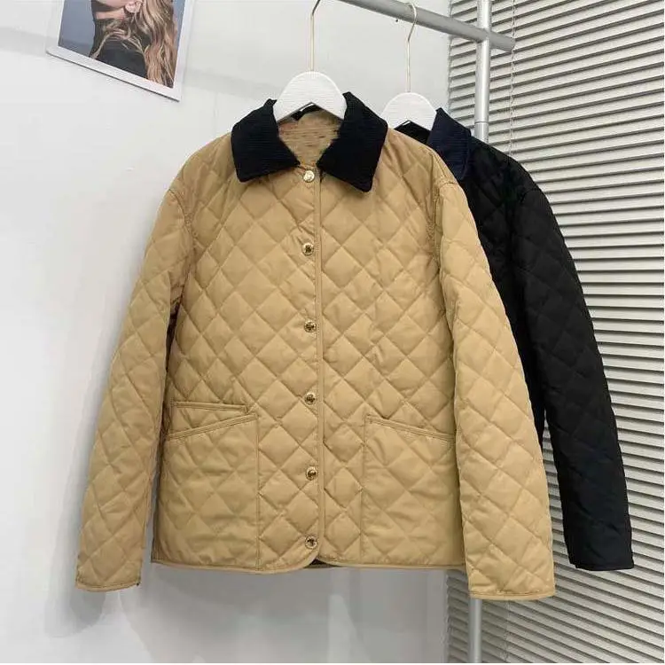 

Slim Fit Du down Jaet ort Sle Women's Coat Vintage Corduroy Patchwork Diamond Pattern Collar Stand up Autumn Winter