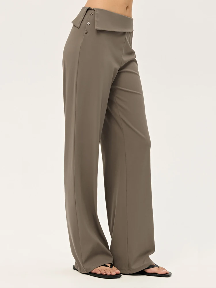 VITALINOVO Women's Wide Leg Yoga Pants Fold-Over Button Waistband Soft Breathable Lounge Pants Relaxed Fit Casual Workout Pants