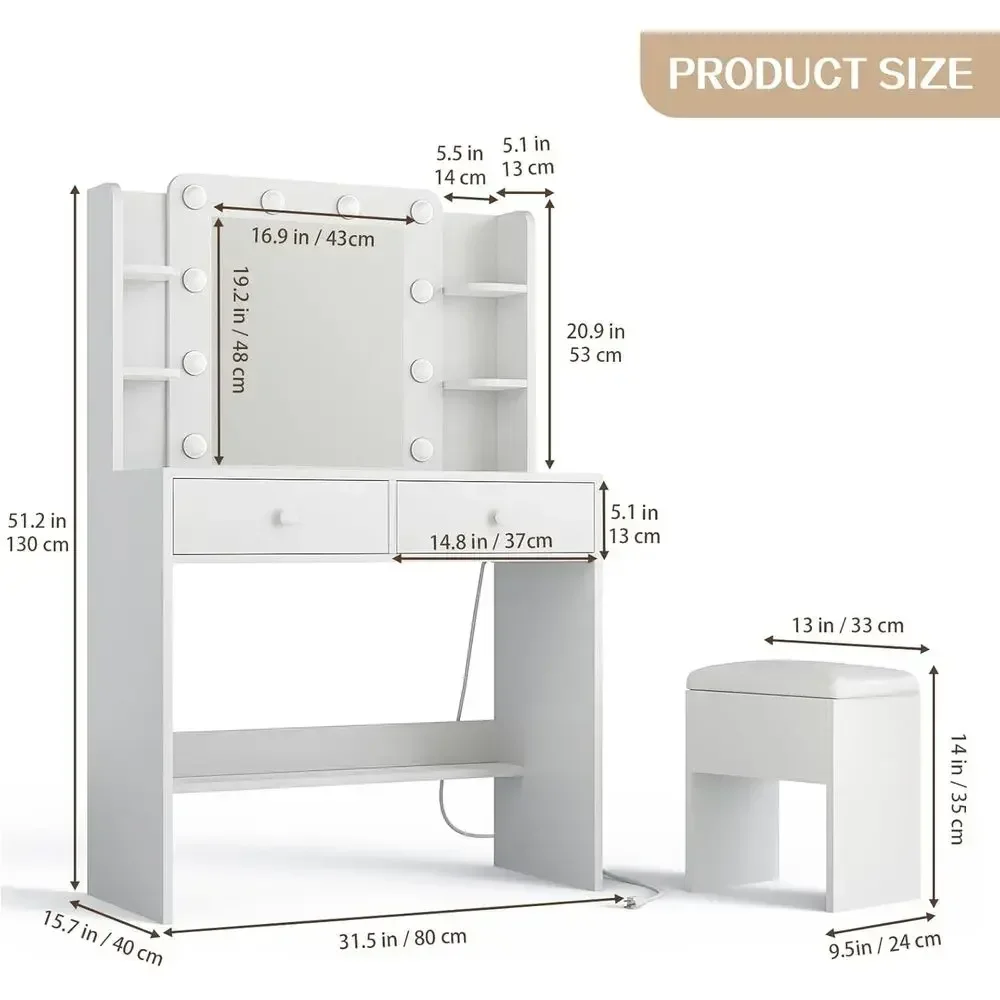 Illuminated Makeup Vanity Desk with Mirror, Power Outlet, 10 Bulbs, 3 Light Modes, Storage Shelves, Chair Included, White