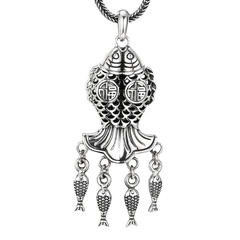 925 Sterling Silver Twin Fish Lucky Charm Pendant Ethnic Antique Thai Silver Necklace Jewelry Gift