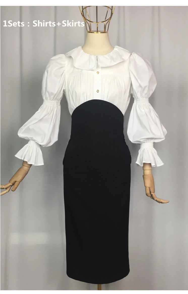 Kpop Seo Yea Ji Korean White Puff Sleeve Cardigan Shirts Blouses Tops+Black Back Slit High Waist Long Skirts Women Two Piece Set