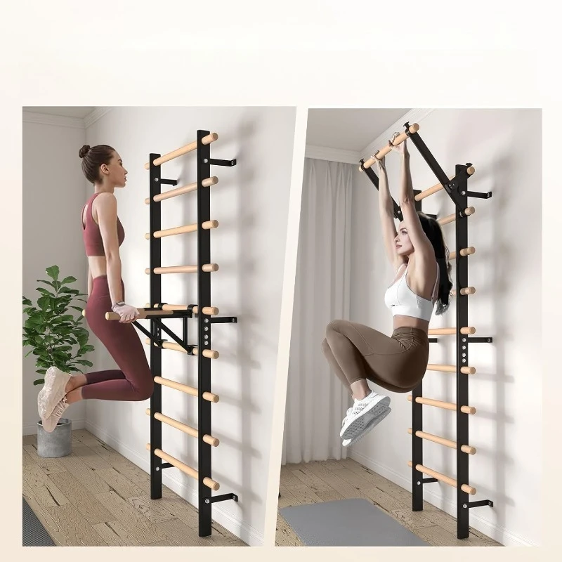 ラダー・ウッド・ストールバー、懸垂バーとディップバーアタッチメント付きサスペンショントレーナー、9つの戦略的用途を持つ木製ストールバー