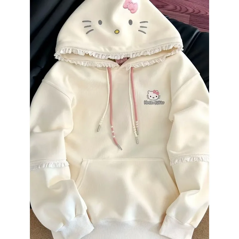 

Женская толстовка Hello Kitty в милом стиле с кружевной отделкой, вышивкой кошачьих ушек, свободного кроя, повседневная, в стиле Y2K