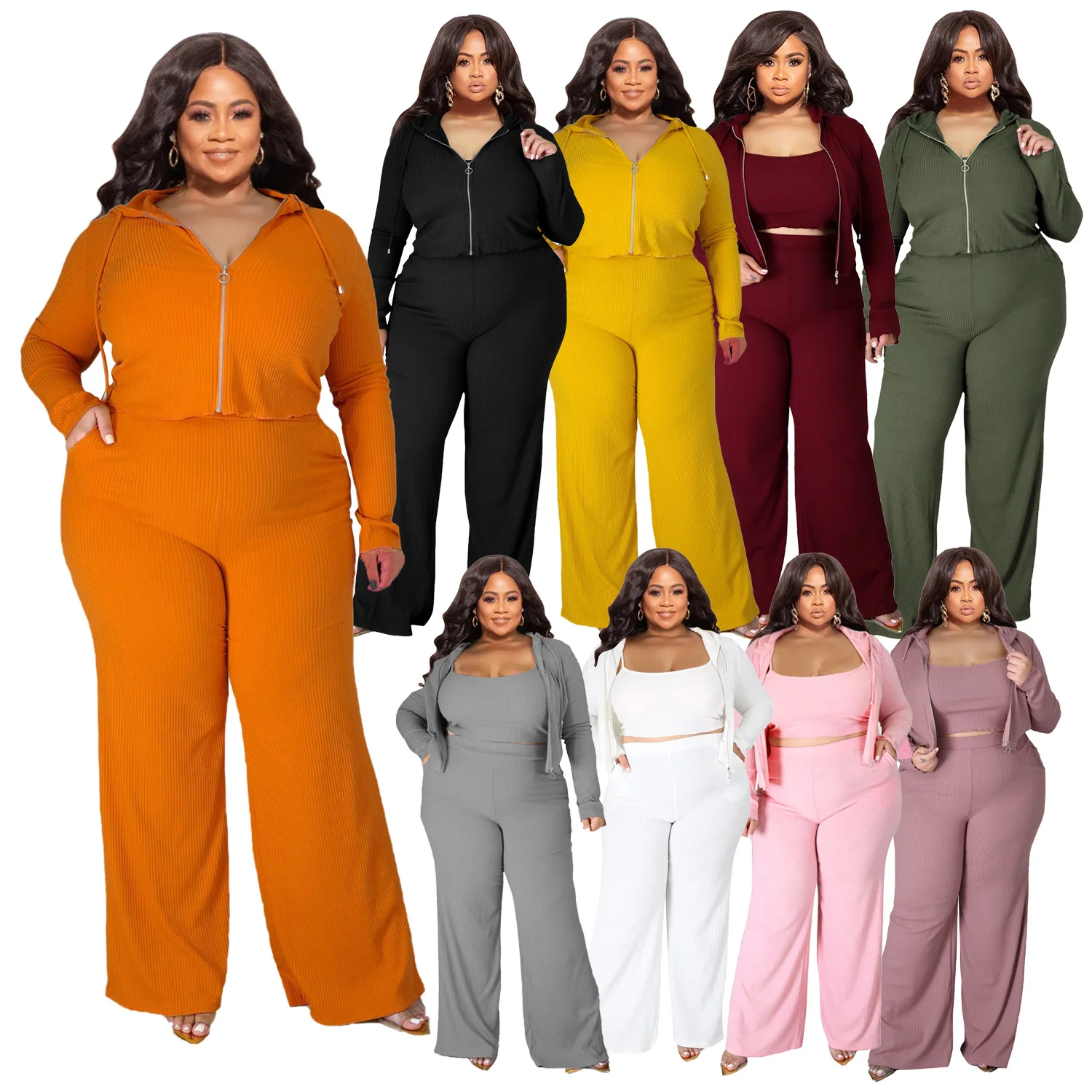 Autumn 2023 Plus Size Women Three Pieces Set Casual Long Sleeves Coat Vest and Pants Casual Tracksuits Outwear Outfits