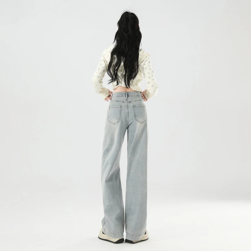 Woman Jeans High Waist Wide Leg Cotton Denim Clothing Straight Pant Fashion Comfort Retro Blue Casual Trousers Plus Length